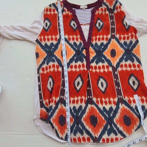 Tiny Anthropologie Sima Aztec Print Long Sleeve Top Mixed Media Tab Sleeves Med - Picture 11 of 12